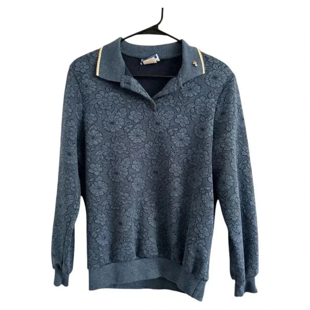 Vintage Cape Cod Sportswear Blue Floral Long Sleeve Collared Sweater Size Small